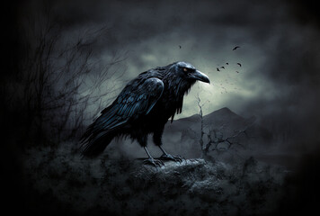 Fototapeta premium Dark, eerie crow in the backdrop with a horror theme. Generative AI