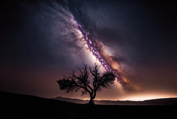 grainy long exposure shot of the milky way and a tree silhouette. Generative AI