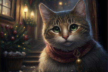 Christmas Cat holiday card style photorealistic painting of tabby cat with red scarf and golden bauble with decorations in the background Generative AI