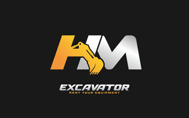 HM logo excavator for construction company. Heavy equipment template vector illustration for your brand.