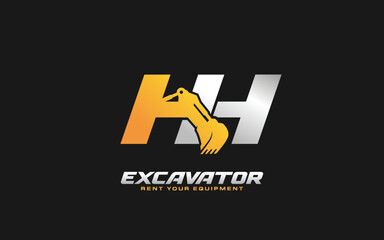 HH logo excavator for construction company. Heavy equipment template vector illustration for your brand.