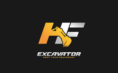 HF logo excavator for construction company. Heavy equipment template vector illustration for your brand.