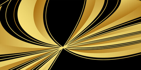 Black and golden wavy stripes abstract corporate graphic design. Geometric dark material background.