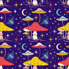 Vintage seamless pattern with mushroom. Retro dark surreal wallpaper with fun fungi and toadstools, agaric. Boho Celestial vision, floral tricky seamless pattern.