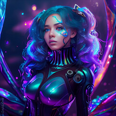 Fototapeta premium Cyberpunk Woman, Purple, AI 