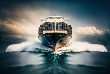 container cargo ship transporting products at top speed through the Pacific Ocean for import and export. Generative AI