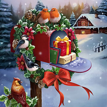 illustration of beautiful birds and christmas gifts in post box outdoors 