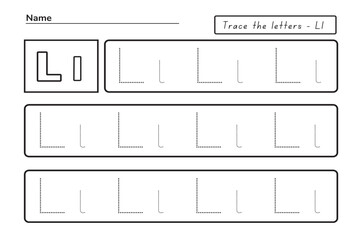 Trace letters l. uppercase and lowercase. Alphabet tracing practice preschool worksheet for kids learning English. Activity page for Pre-K, kindergarten. Vector illustration