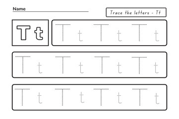 Trace letters t. uppercase and lowercase. Alphabet tracing practice preschool worksheet for kids learning English. Activity page for Pre-K, kindergarten. Vector illustration