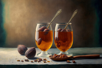Fototapeta premium The enormous date fruits (Medjool) are displayed in glasses with wooden spoons against a hazy backdrop of cement. Generative AI