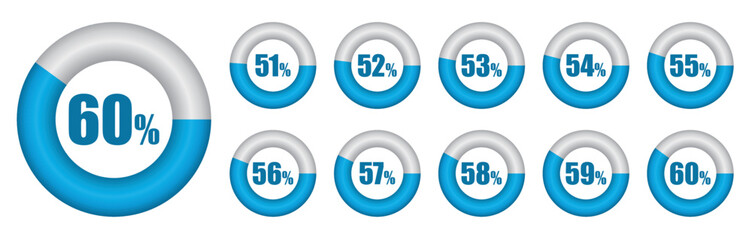 Vector set of Pie chart from 51 to 60 percent. Vector illustration.