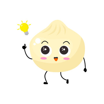 Kawaii cartoon dumpling icon. Character of dumpling. Xiaolongbao. chibi. Illustration emoji dumpling man in flat style. bulb, get idea, smart