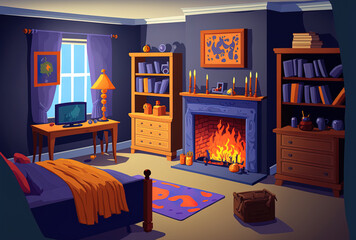 Inside a room. bedroom, living room, kitchen, and a furnished bedroom for children. bed, table, and computer in a dorm room for teens. a child's or children's room with toys and artwork. fireplace and