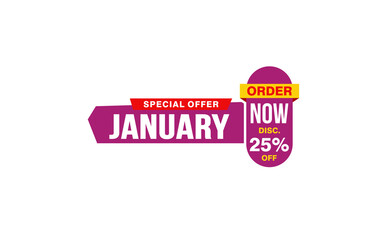 25 Percent JANUARY discount offer, clearance, promotion banner layout with sticker style.