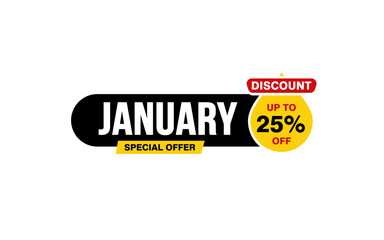 25 Percent JANUARY discount offer, clearance, promotion banner layout with sticker style.