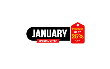 25 Percent JANUARY discount offer, clearance, promotion banner layout with sticker style.