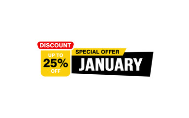 25 Percent JANUARY discount offer, clearance, promotion banner layout with sticker style.