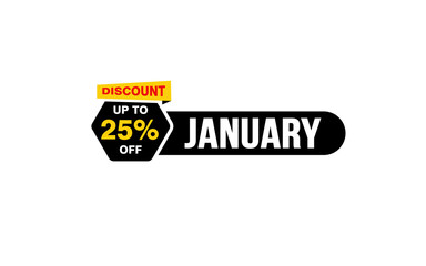 25 Percent JANUARY discount offer, clearance, promotion banner layout with sticker style.