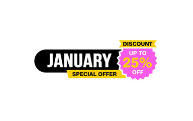 25 Percent JANUARY discount offer, clearance, promotion banner layout with sticker style.
