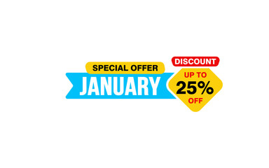 25 Percent JANUARY discount offer, clearance, promotion banner layout with sticker style.