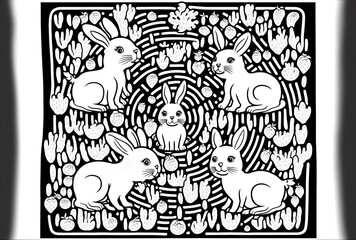 Children's Easter black and white labyrinth with a bunny family and carrots. Preschool printable exercise with a holiday outline with veggies and bunnies. funny springtime coloring sheet or game