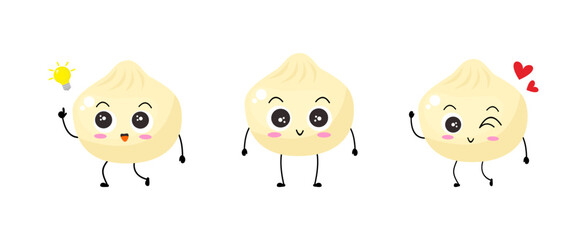 Kawaii cartoon dumpling icon. Character of dumpling. Xiaolongbao. chibi. Illustration emoji dumpling man in flat style.  set of cute collection