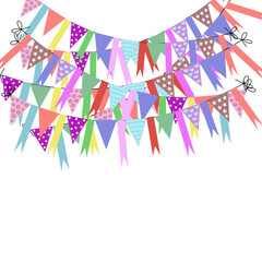 Obraz premium Greeting or Birthday party invitation with carnival,bunting flag garlands. Part decorating concept with colorful hanging above. Happy birthday. with copy space for your text.