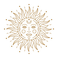 Mystical golden stylized boho chic tattoo sun with face. Astrology, alchemy, esoteric, tarot, fortune telling and mysticism design element thin line vector illustration on white background © Sunflower