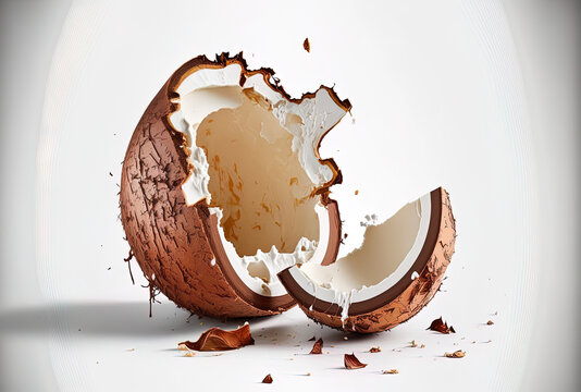 Coconuts alone. Broken fragment of a coconut on a white background. Coconut. composition of whole and sliced cocoa. whole field of view. Generative AI