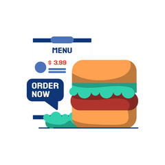burgers order online app flat illustration, hamburger concept in front of menu. suitable for web and mobile app design