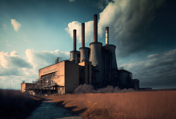 Zaporizhzhia Nuclear Power Station structures and smoke stacks in the vicinity of Enerhodar, Ukraine. Generative AI