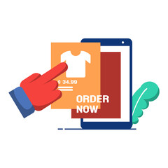 orders online app flat illustration, concept character of a hand pointing at a shirt on a smartphone screen. suitable for web and mobile app design