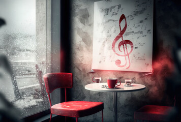 In a coffee shop, there is a red chair with a glass table and a cement wall decorated with musical notes on the other glass wall. Generative AI