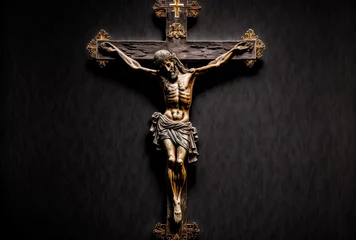 Foto op Plexiglas Old crucifix of Jesus Christ from a Catholic church with text space on a dark backdrop. Generative AI © 2rogan