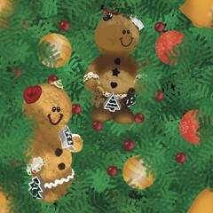 Cute hand drawn illustration of gingerbread people nestled in green garland, winter berries, Christmas ornament bulbs, in a repeating seamless pattern background. 