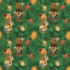 Untitled ArtworkCute hand drawn illustration of gingerbread people nestled in green garland, winter berries, Christmas ornament bulbs, in a repeating seamless pattern background. 