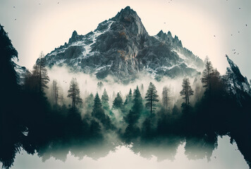 Gorgeous vertical image of the mountain with forest trees covering it and fog on top of it. Generative AI
