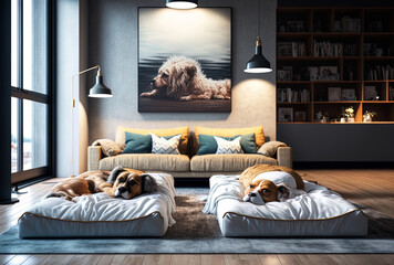 Cute dogs sleeping in a contemporary living room. Generative AI