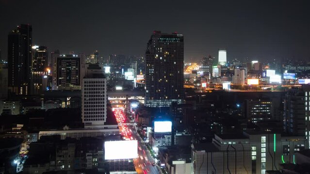 night illumination bangkok city center traffic street rooftop panorama 4k timelapse thailand