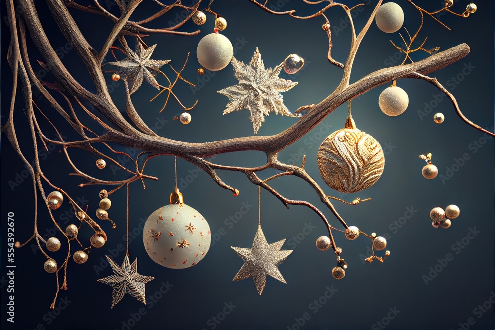 Poster a tree with ornaments hanging from it's branches and a blue background with a blue sky in the backgr