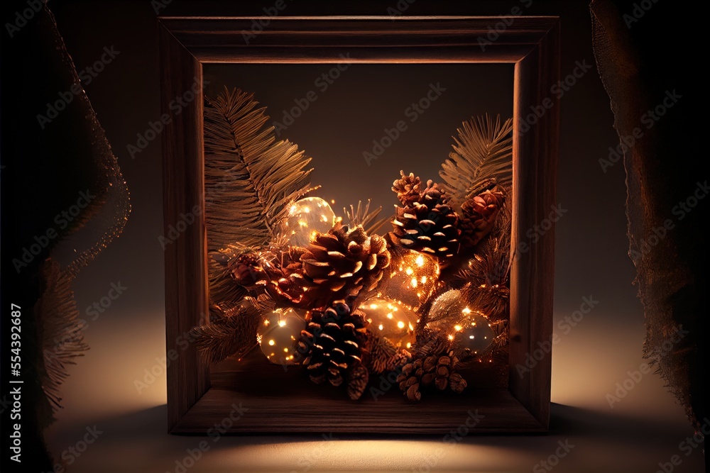 Poster a picture frame with a bunch of pine cones in it and lights in the frame behind it. generative ai