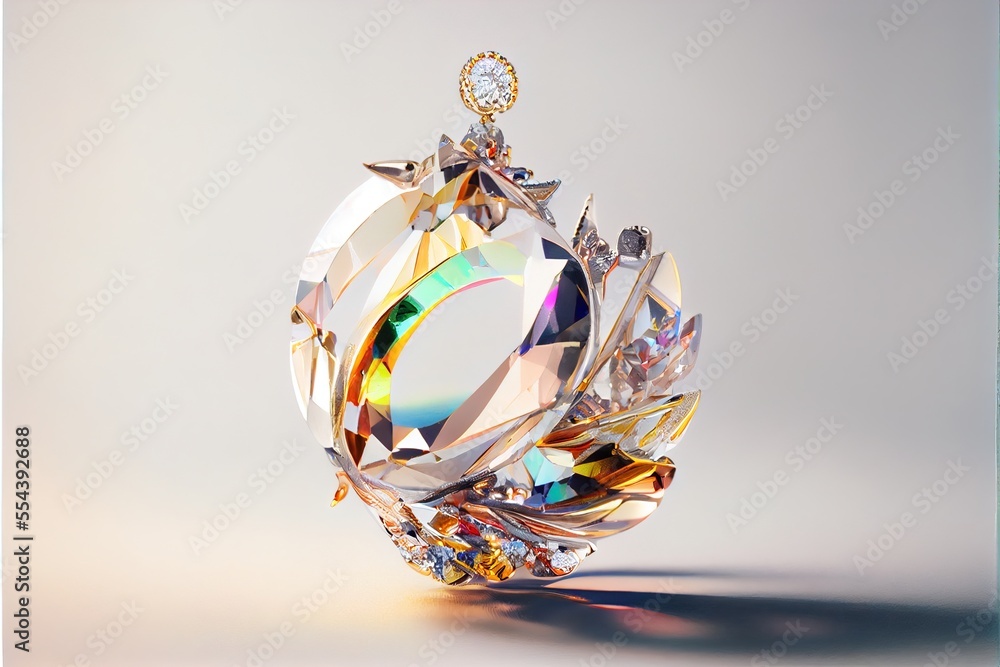 Poster a diamond ring with a flower on top of it and a diamond on the bottom of it. generative ai