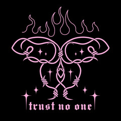 Gothic barbed wire butterfly, weird black and pink concept with slogan: trust no one. Glamor trendy 2000s aesthetic. Psychedelic Y2k Graphic vector icon.