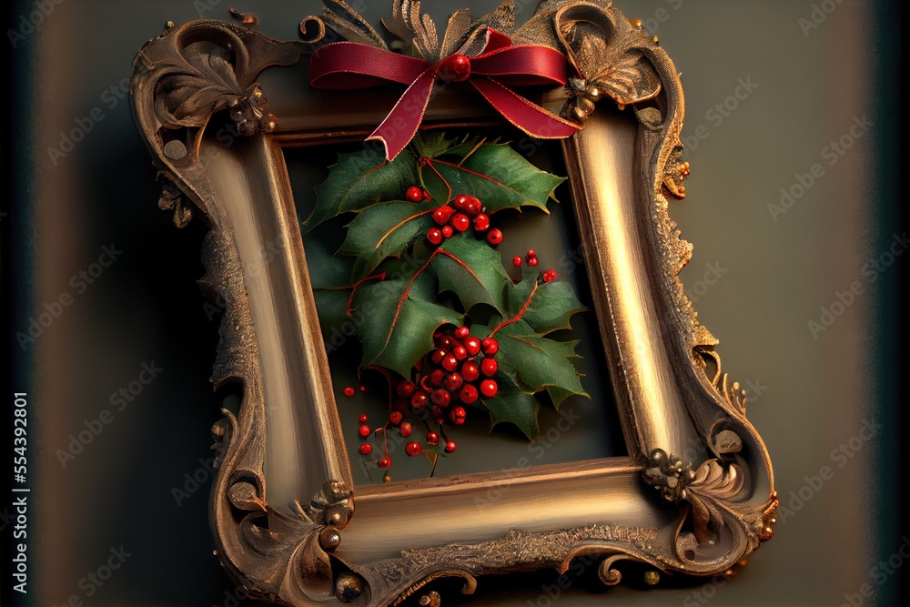 Poster a picture frame with a holly and red berries on it and a red bow on the top of the picture. generati
