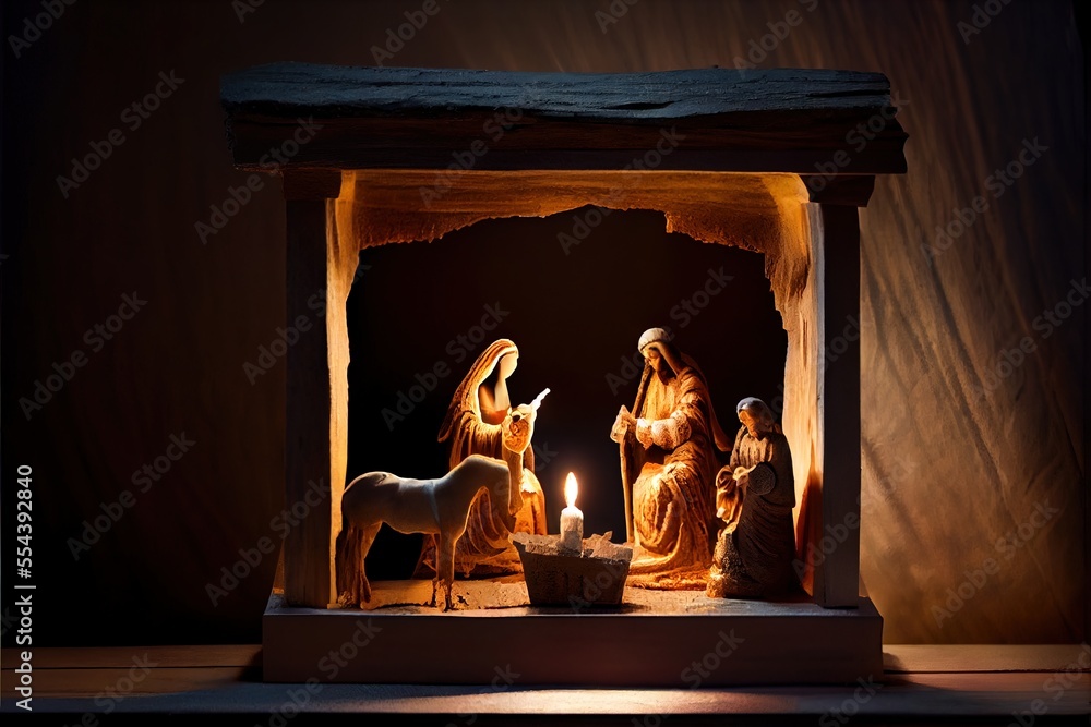 Aufkleber a nativity scene of a manger scene with a donkey and a manger with a candle in it. generative ai
