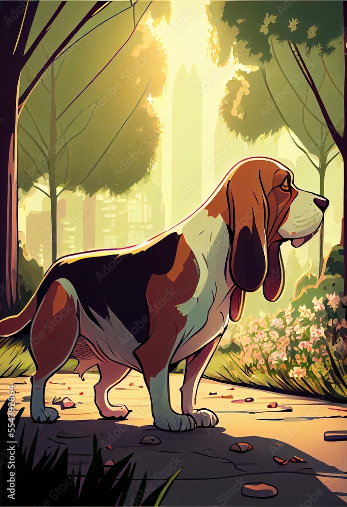 Aufkleber a dog standing in the middle of a forest with a building in the background and a sunbeam in the dist