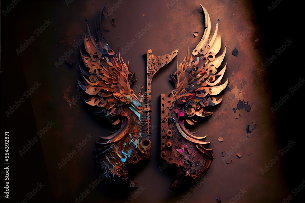 Poster a guitar with wings on a brown background with a black background and a black background with a red 