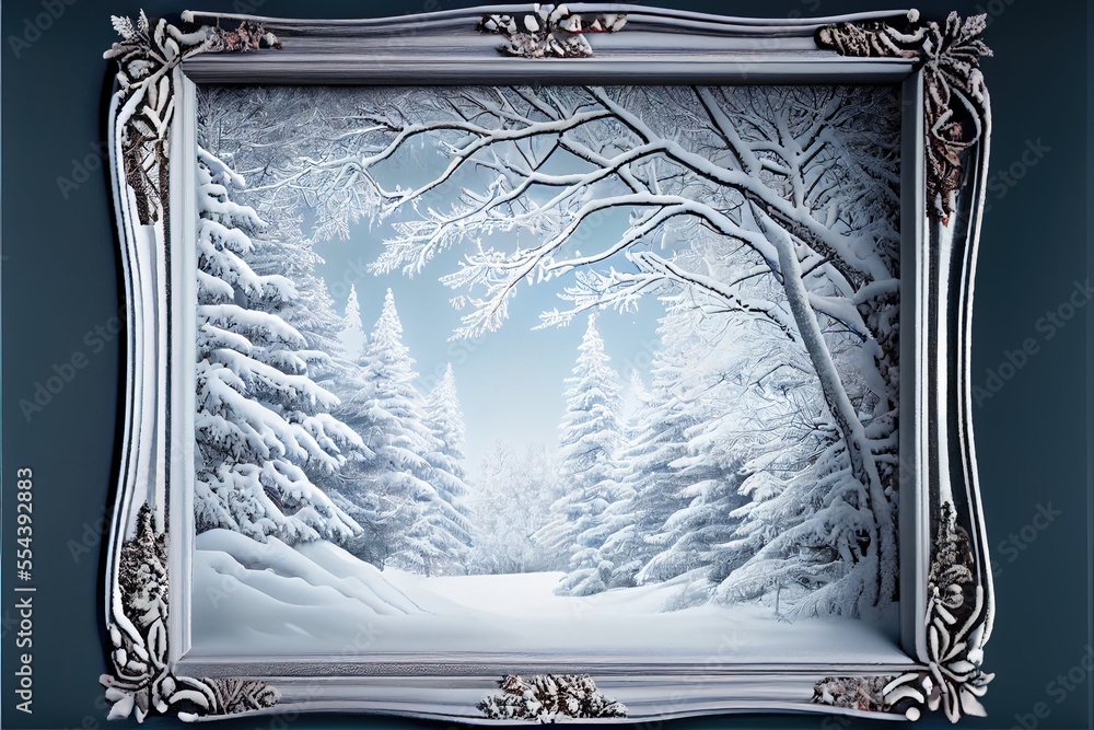 Poster a picture of a snowy forest with trees in the background and a blue sky in the background with white