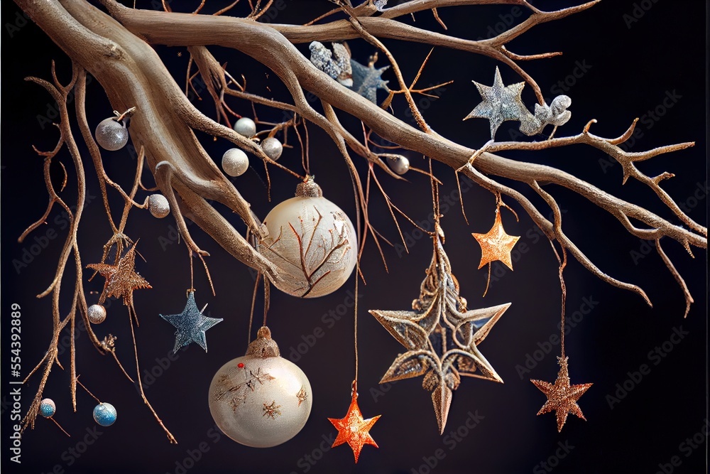 Poster a tree branch with ornaments hanging from it's branches and a star hanging from it's branches. gener