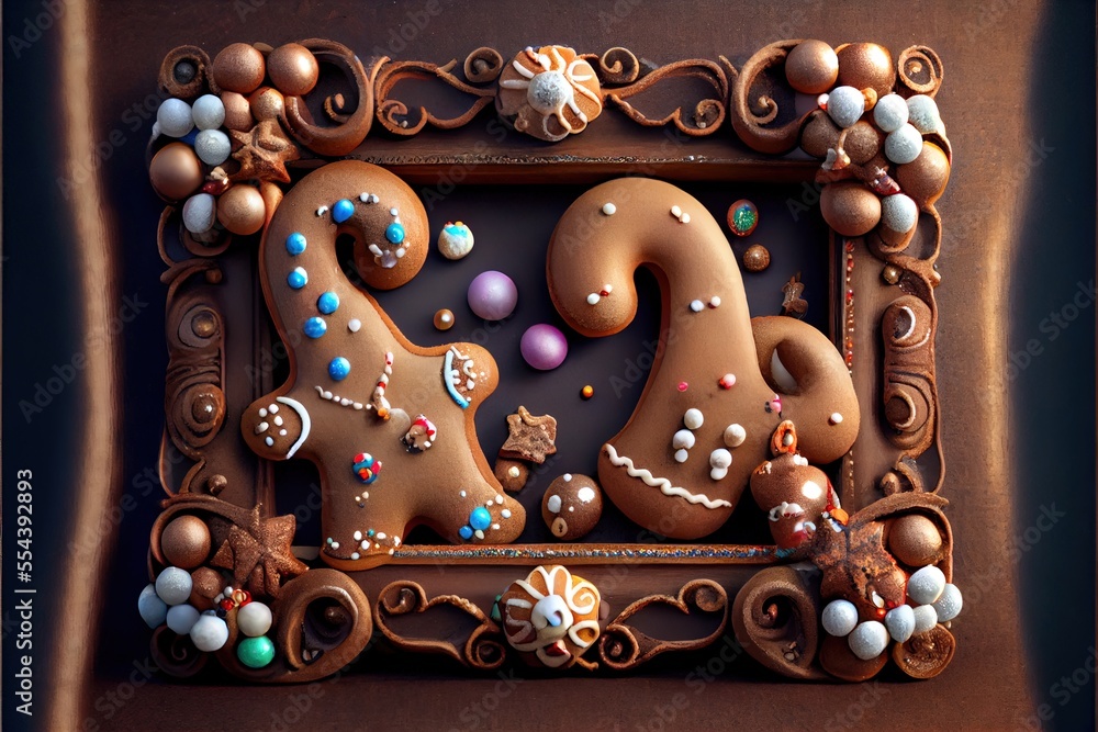 Poster a picture frame with a gingerbread decorated in the shape of a number twenty and a star and a candy 